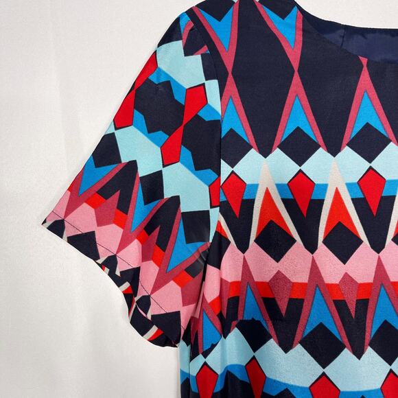 J Crew Size 2 Blue Pink Red Geometric Print Sheath Dress Short Sleeve Keyhole - Picture 5 of 12